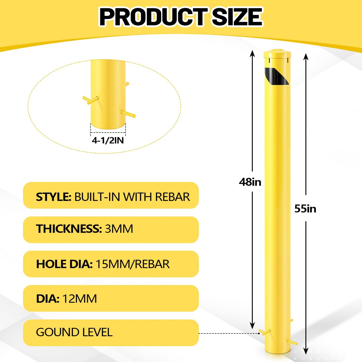 Blulu 1 Pcs 55" Pour in Place Safety Bollard Post, 4-1/2" OD Heavy Duty Steel Concrete Bollard with Removable Cap, Yellow Powder Coated Parking & Traffic Barrier
