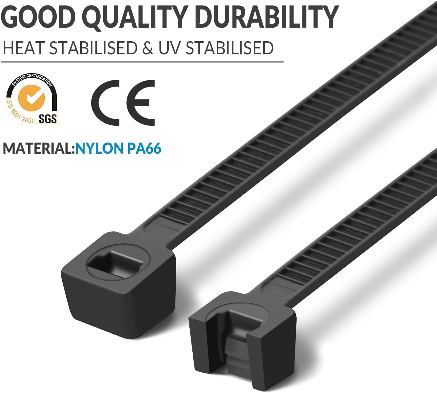 1000 8 Inch, 60 LBS PA66 XINGO PCS Black Zip Ties Tensile Strength, Self-Locking Nylon Plastic Nylon Wire Ties