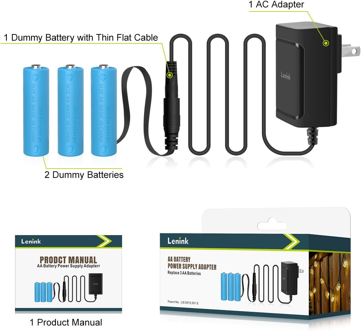 Lenink 3 AC Power Supply Adapter for AA Battery, AA Battery Replacement Adapter for LED Light, Decorations (Black)