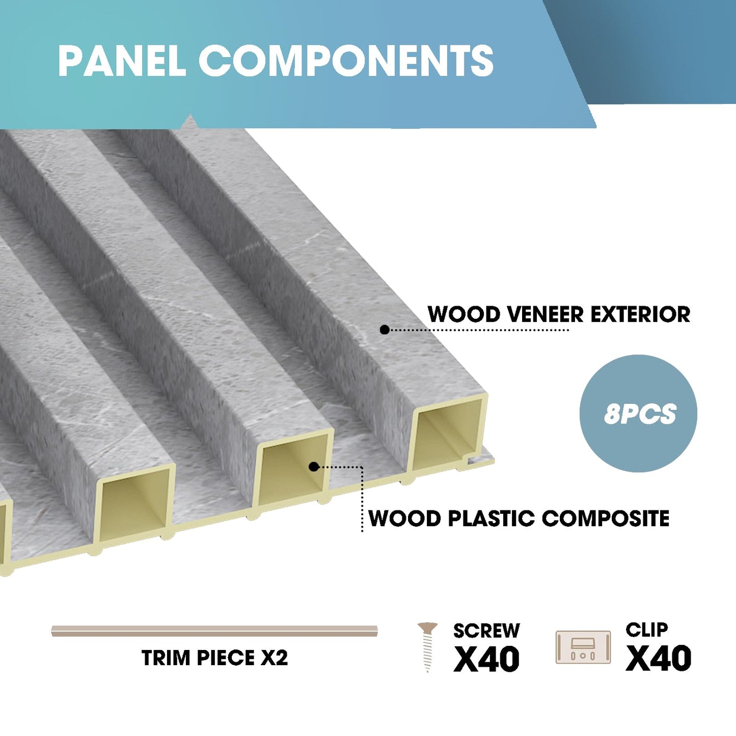 OUZUGIE WPC Acoustic Slat Wall Paneling, 8-Pack 114 x 6 Inches 3D Wall Panels for Interior Wall Decor,Living Room,TV Background,Study Room,Office Spaces,Bedroom,High Grille (Gray Marble)