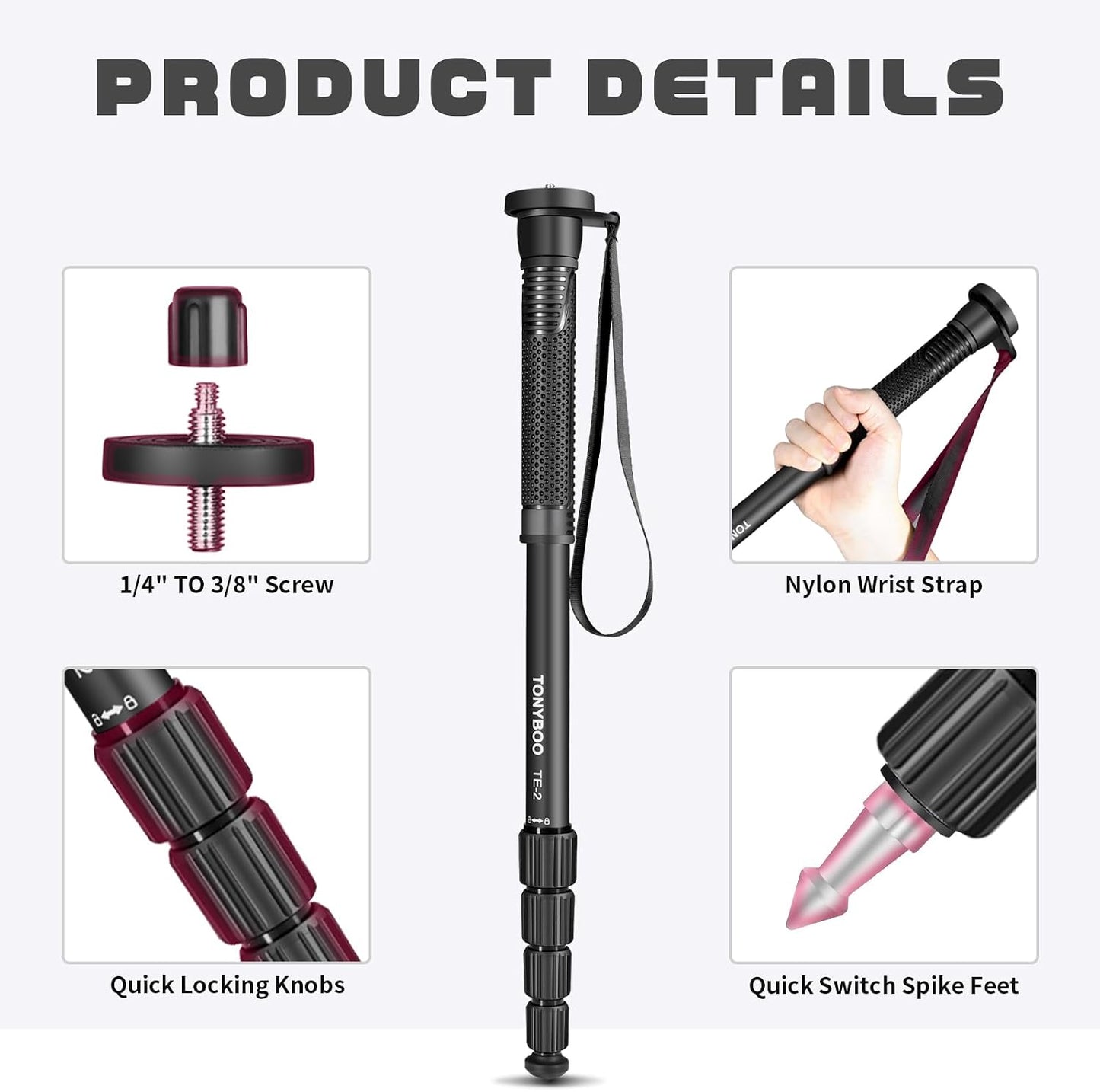 TONYBOO 65 5-Section 40 lbs TE-2 Aluminum Camera Monopod,Lightweight & Portable, Travel Monopod, Max Load