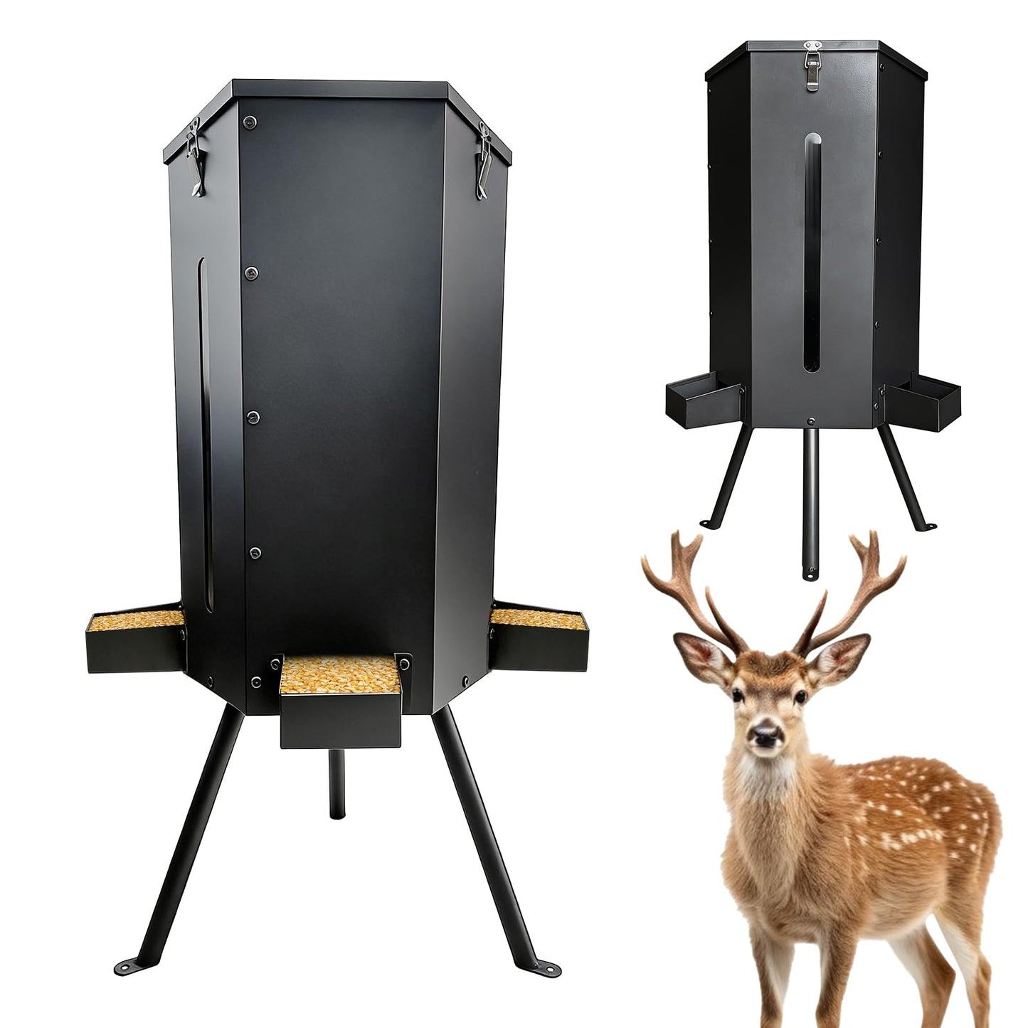 LAJIAOZ 80 lbs Galvanized Steel Gravity Deer Feeder - 14 Gallon Weatherproof Wildlife Game Feeder, 3-Leg Tripod Stand with 3 Feeding Trays, Metal Corn Dispenser for Goats, Turkeys, Livestock