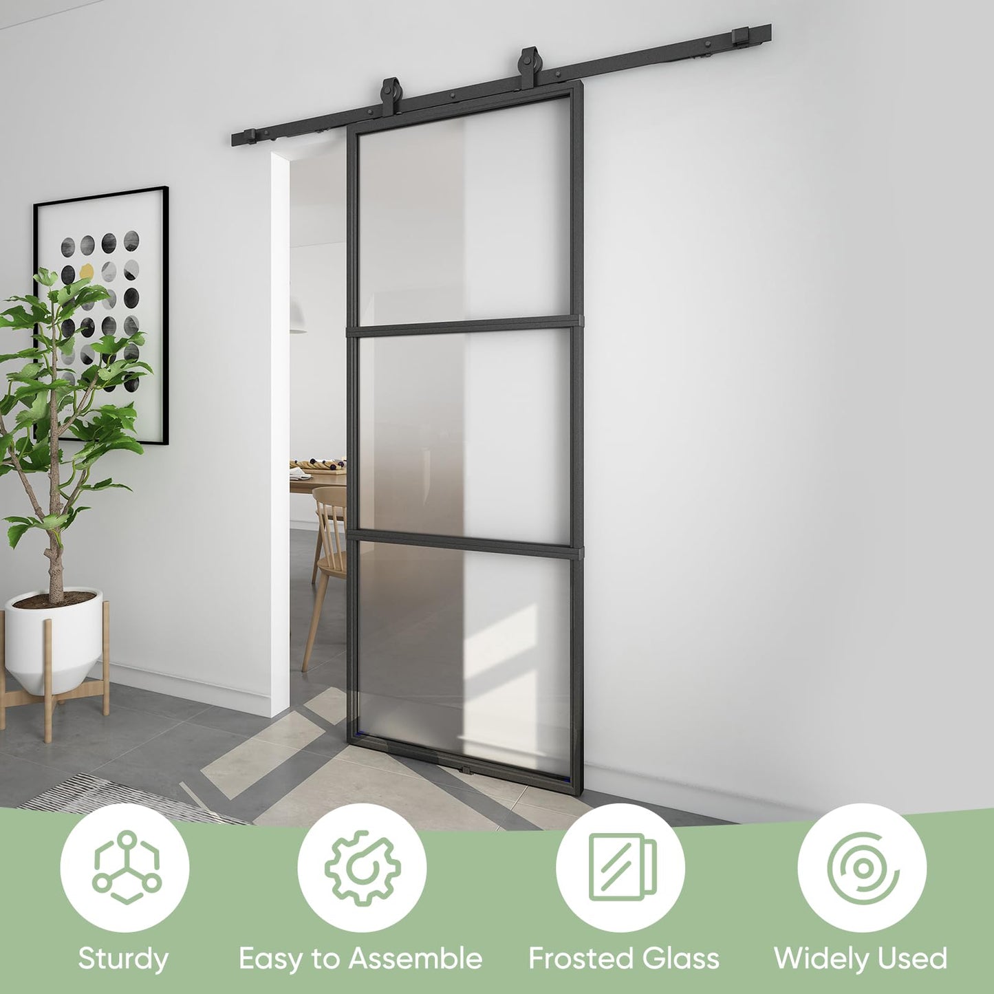 BARNSMITH 36in x 96in Frosted Glass Barn Door and 6FT Hardware kit Included, Soft Close Mechanism,Black Carbon Steel Tempered Frosted Glass Sliding Barn Door, Easy Assembly