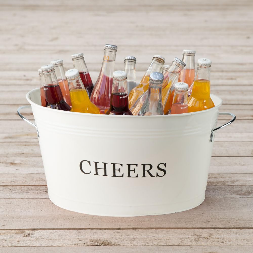 Twine Cheers Beverage Tub, Galvanized Tubs for Entertaining, Drink Buckets for Parties, Large Ice Tub and Gift Basket, Beer Buckets, Cream, 6.3 Gallons Set of 1