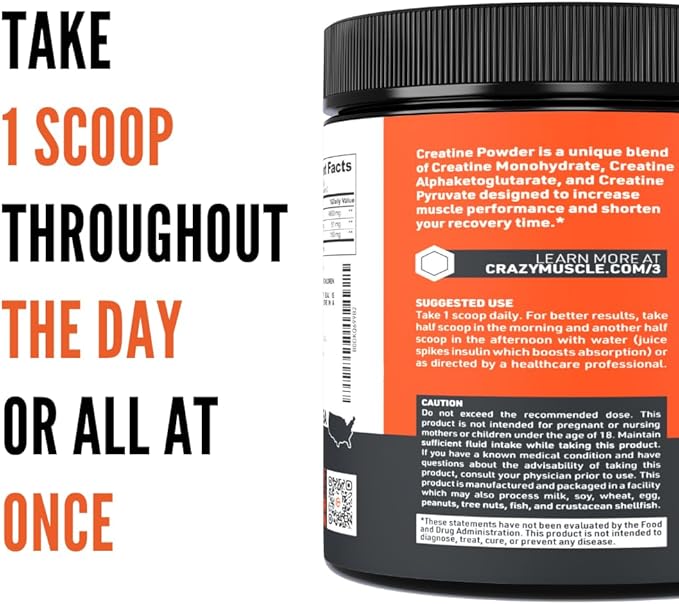 Crazy Muscle Creatine Monohydrate Powder, 5000mg Premium 3X ThreeAtine Pre Workout Mass Gainer, High Absorption Easy to Take Powder Optimum Performance for Men & Women, 60 Servings