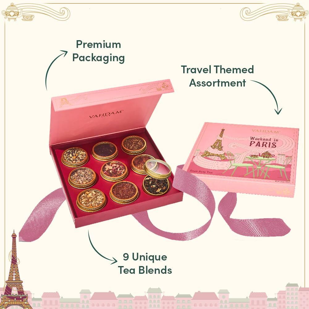 VAHDAM Weekend in Paris Tea Gift Set - 9 Assorted Luxury Teas | Travel Edition | Natural, Gluten-Free, Non-GMO