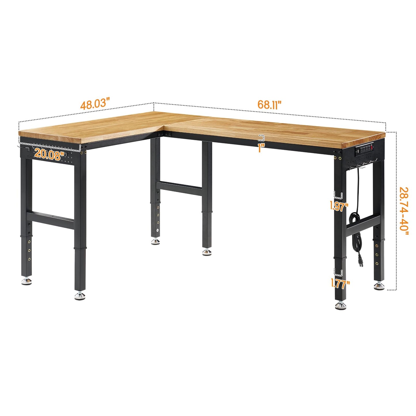 SPECRAFT 68"x48" L-Shaped Workbench with Power Strip, Adjustable Height Heavy Duty Work Table with Pegboard, 6000LBS Load Capacity, Industrial Wood Top Workstation for Garage, Workshop, Home Office
