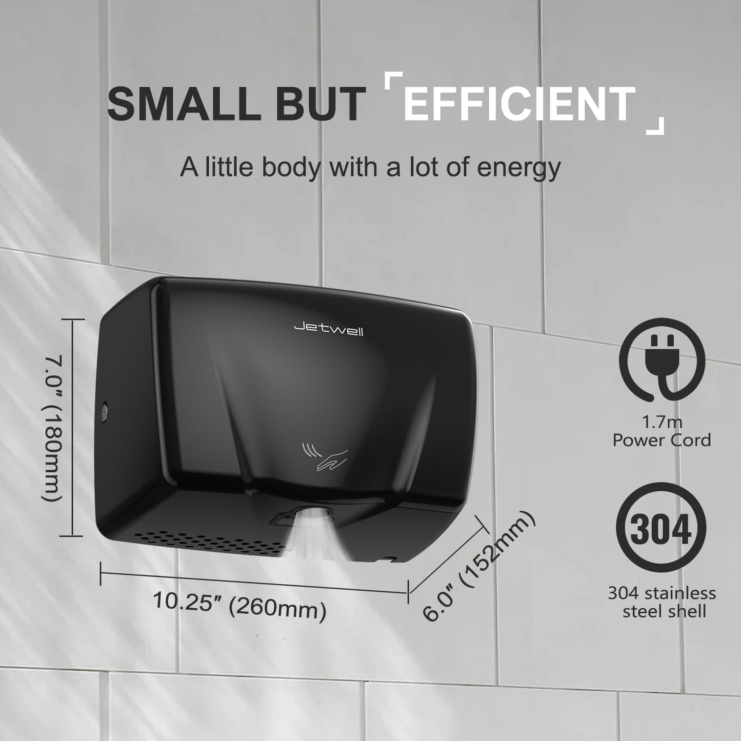 JETWELL Compact Commercial Black Stainless Steel Hand Dryer for Bathroom and Wall Mount Automatic Touch-Less Stainless Steel Hand Soap Dispenser- Automatic Hand Dryer and Wall Mount Soap Dispenser