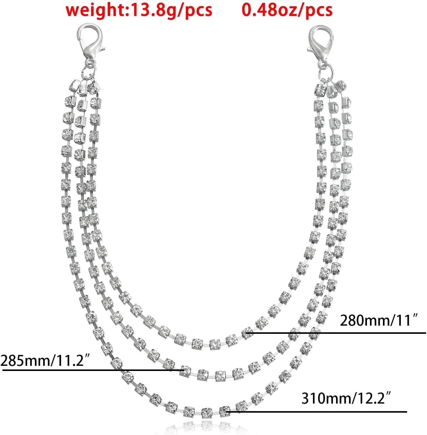 Skiennix Glitter Rhinestone Shoelace Charms - Triple Layer Tassel Boot Chain Jewelry | Silver, 2 Pcs Set