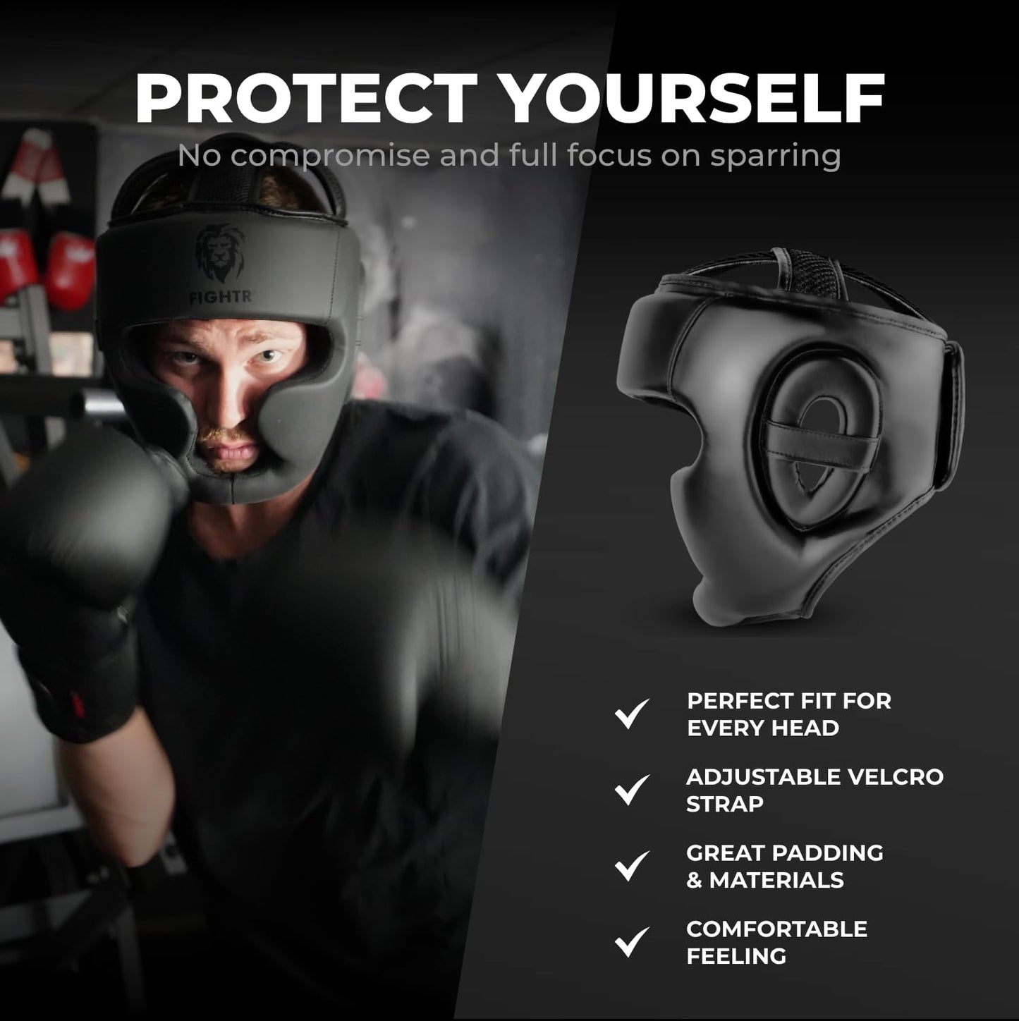 FIGHTR® Boxing Headgear with Best fit | Boxing Helmet Guard for Sparring | Adjustable Size for Boxing, MMA, Muay Thai, Kickboxing & Martial Art (Black, L)