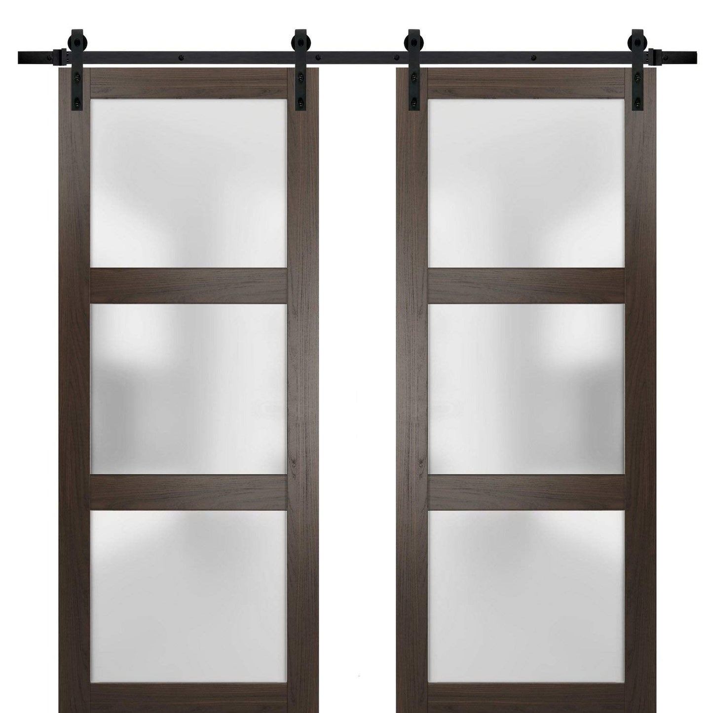SARTODOORS Sturdy Double Barn Door with Frosted Glass | Lucia 2552 Chocolate Ash | 13FT Rail Hangers Heavy Set | Solid Panel Interior Doors-72" x 96" (2 * 36x96)-Black Rail
