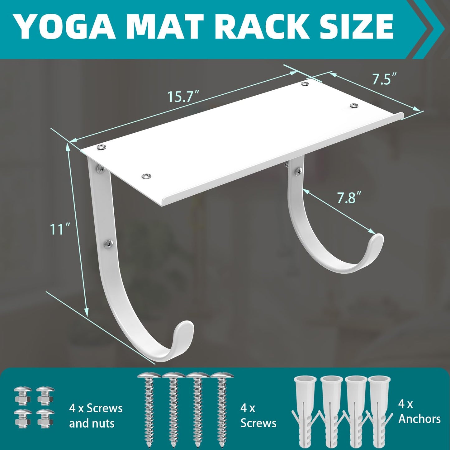 Yoga Mat Holder Wall Mount, No-Tie Mat Storage, Exercise Mat Storage Rack with Top Floating Shelf, Holding Yoga Blocks/Rollers and Pilates Mat, Workout Mat, Home Gym Equipment Accessories