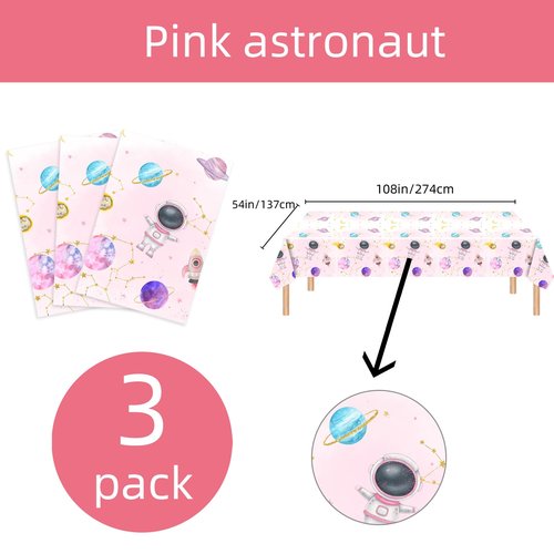 ASLERMURE 3pcs Pink Space Party Tablecloth First Trip Around The Sun Birthday Space Theme Disposable Rectangle Table Cover Decorations,Outer Sun Theme Party Baby Shower Supplies