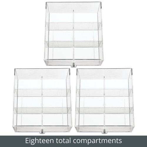 mDesign Plastic Wide Kitchen Pantry, Cabinet, Countertop Organizer Storage Station with 3 Drawers for Coffee, Tea, Sugar Packets, Sweeteners, Creamers, Drink Pods, Packets; 18 Sections - Clear