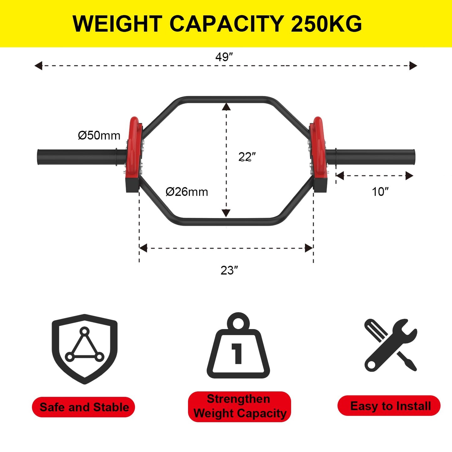 JDGG Olympic Trap Bar, Hex Deadlift Squat Bar for 2" Olympic Barbell, 49" Shrug Bar with Handles, 500Lbs Weight Capacity Suitable Home Gym Equipment Workouts for Beginners,Women,Men