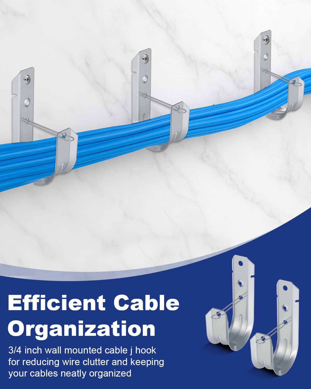 AOKLIT 2" Galvanized Steel J-Hooks, Heavy Duty Wall Mount Cable Support J Hook with Retainer Clip for Cable Management (50 PCS)