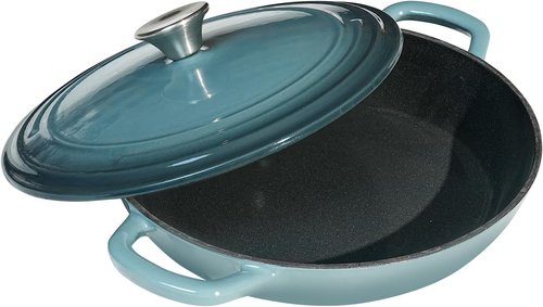Flavehc Enameled Cast Iron Braiser - 3 Qt Slate Blue Casserole Pan with Lid & Handles