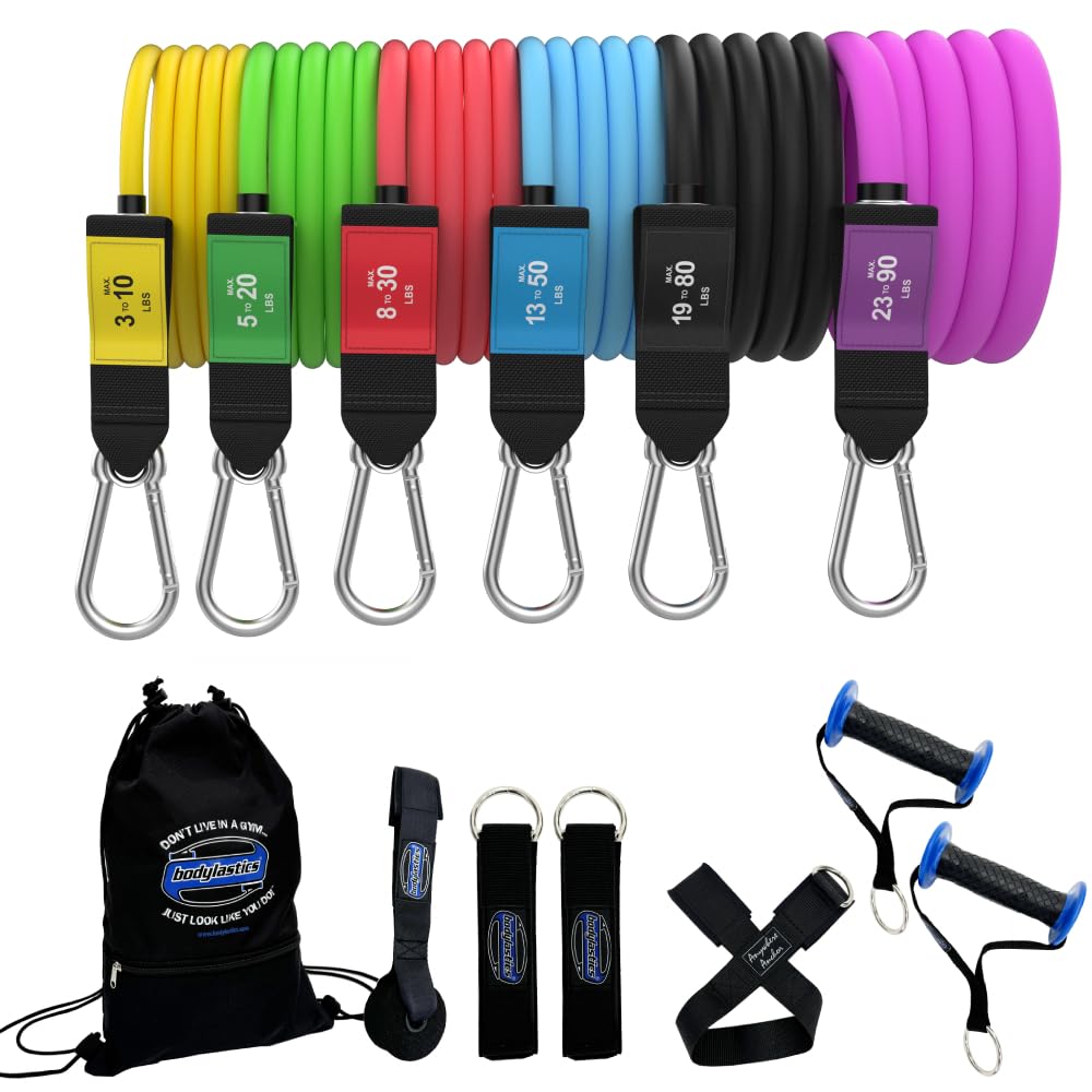 Bodylastics Pro Series Resistance Band Set - 6 Bands, Handles, Ankle Straps, Door Anchor, Carry Bag Heavy-Duty Stretch Exercise Bands and Snap Reduction Tech (3-280 Lbs Max Tension)