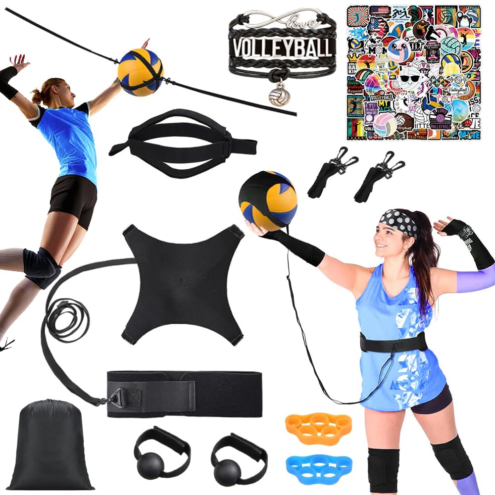 ENERACES Solo Volleyball Trainer Pro Kit with Rebounder – All-in-One Volleyball Training Equipment for Serving, Spiking & Setting Practice, Youth & Teen Practice Gift with Stickers & Bracelet