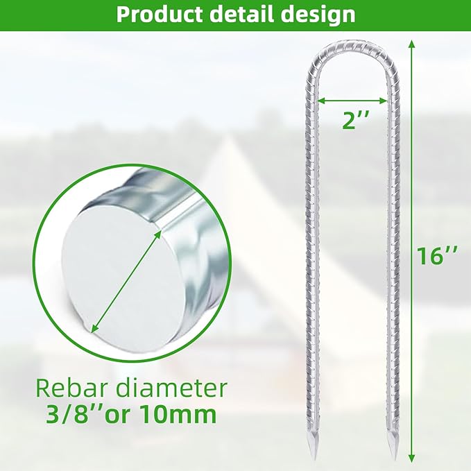 Trampoline Stakes Anchors High Wind 16inx10mm Galvanized U Hook 4pcs Rebar Stakes – Heavy Duty Ground Anchors for Trampoline,Yard & Inflatable,Landscape Metal Stakes for Outdoor Decorations