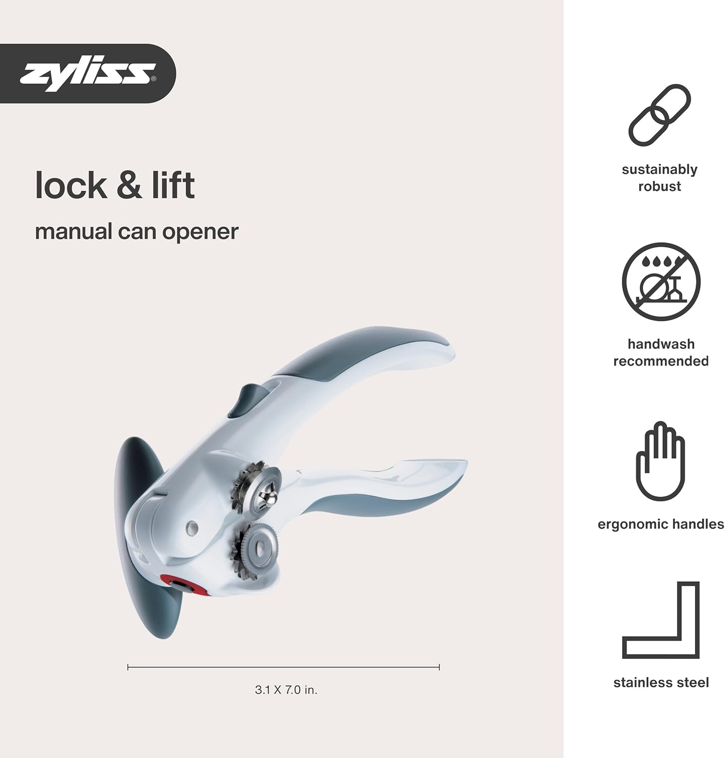 Zyliss Lock N' Lift Can Opener - Easy Manual Opener with Magnetic Lid Lifter - White/Gray