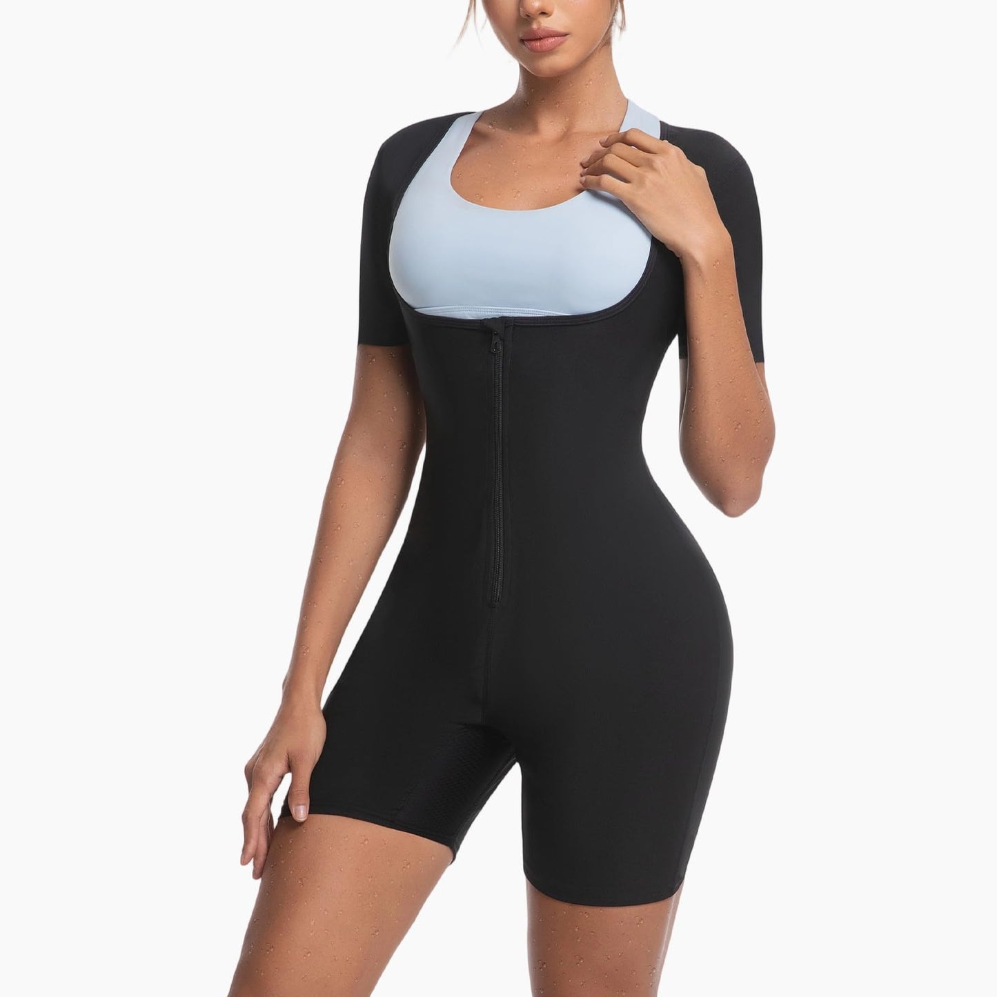 Meiosuns Sauna Sweat Suit for Women Weight Loss Waist Trainer Full Body Compression Sweat Suit 4 in 1 Slimming Heat Trapping Sauna Shirt for Workout Bodysuit Gym Fitness Shaper Thighs (Silver,L)