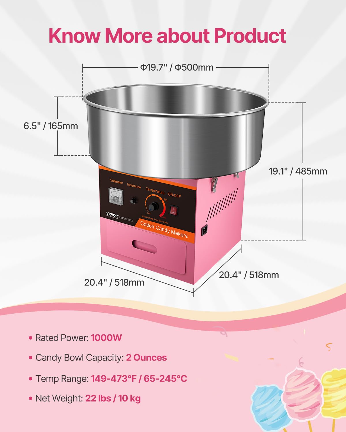 VEVOR Electric Cotton Candy Machine, 1000W Commercial Floss Maker w/Stainless Steel Bowl, Sugar Scoop and Drawer, Perfect for Home, Carnival, Kids Birthday, Family Party, Pink