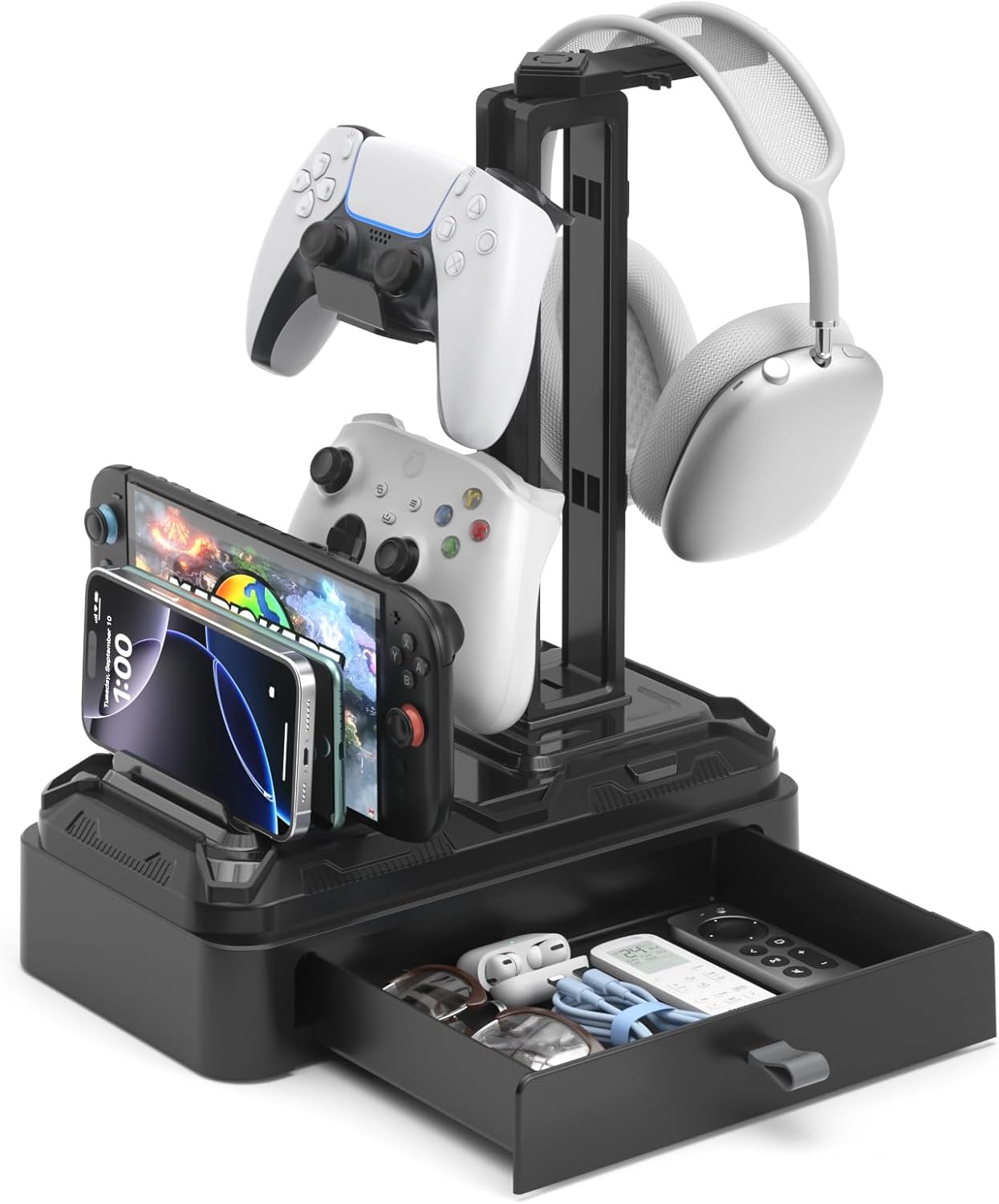 KDD Headset Headphone Stand with Drawer - Rotatable & Detachable Controller Holder for Desk - Multifunctional Organizer