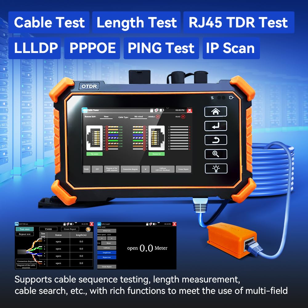 New Upgraded OTDR Optical Fiber Tester, Fiber Network Tester Support Event Map Optical Power Meter OLS(Loss Test) VFL LS(Light Source) Length Ping POE Test, IP Scan RJ45 Network Tools