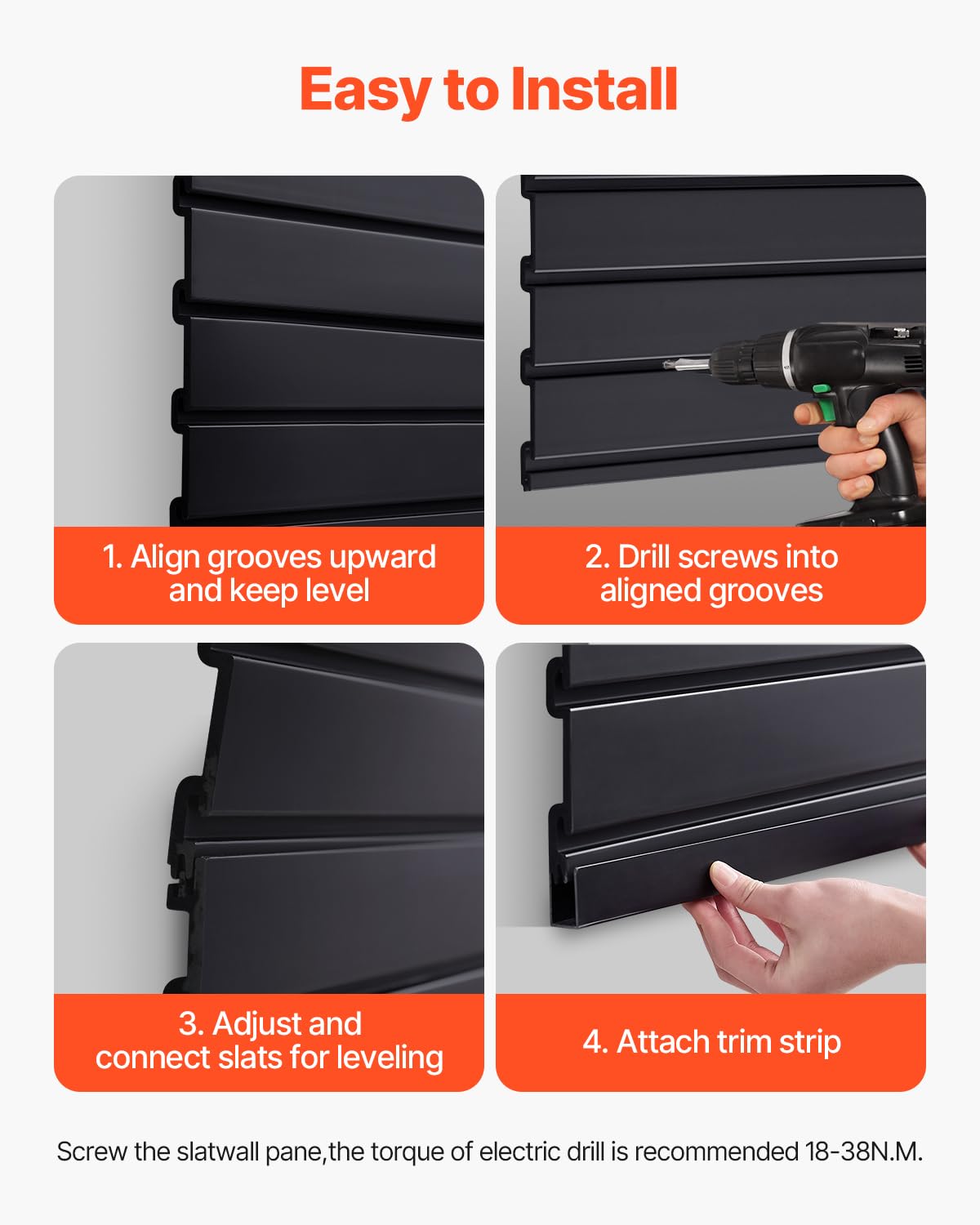 VEVOR Slat Wall Paneling, 4 x 4 ft, PVC Garage Slatwall with Modular Design, Black Slat Wall Easy-to-Install Adjustable Slatwall Panel with Coupling Structure & DIY Cutting, Fits for Storage & Display