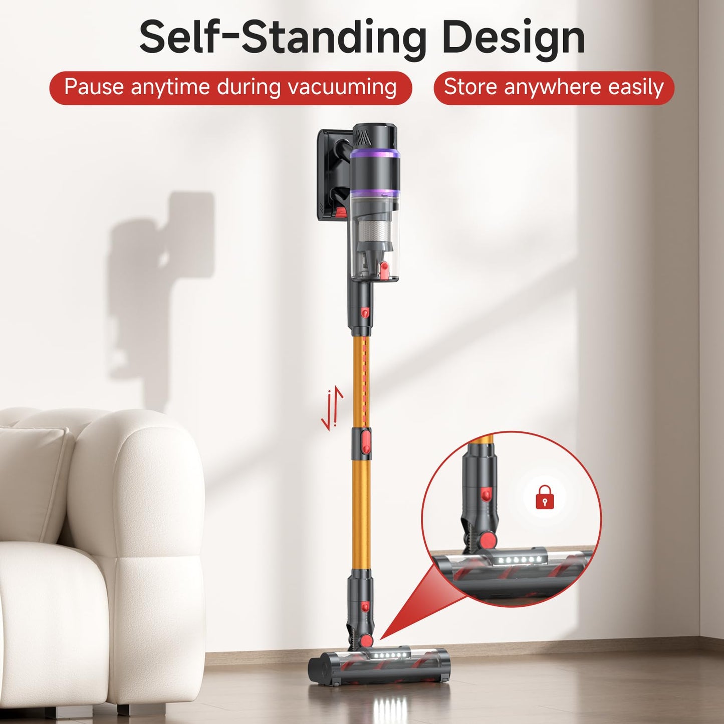 Cordless Vacuum Cleaner, 550W/50Kpa/70Mins Cordless Vacuum Cleaners for Home with Smart Auto Mode/LED Touch Display, Self-Standing Stick Vacuum Rechargeable, Vacuum Cleaner for Pet Hair/Carpet/Floors