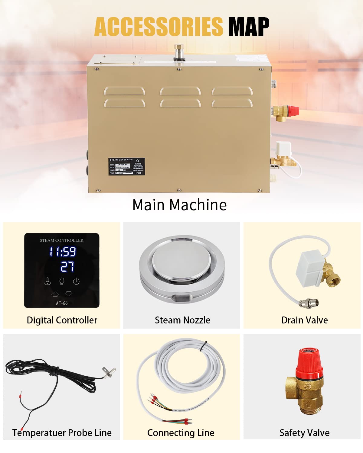 CGOLDENWALL 10.5KW Commercial Self-Draining Steam Generator Shower System Home Steam Bath Spa Generator 30 min to 12 Hours Auto Drain 95-131℉ for Suitable Space Heating 10.5 m³/371 Cubic feet (10.5KW)