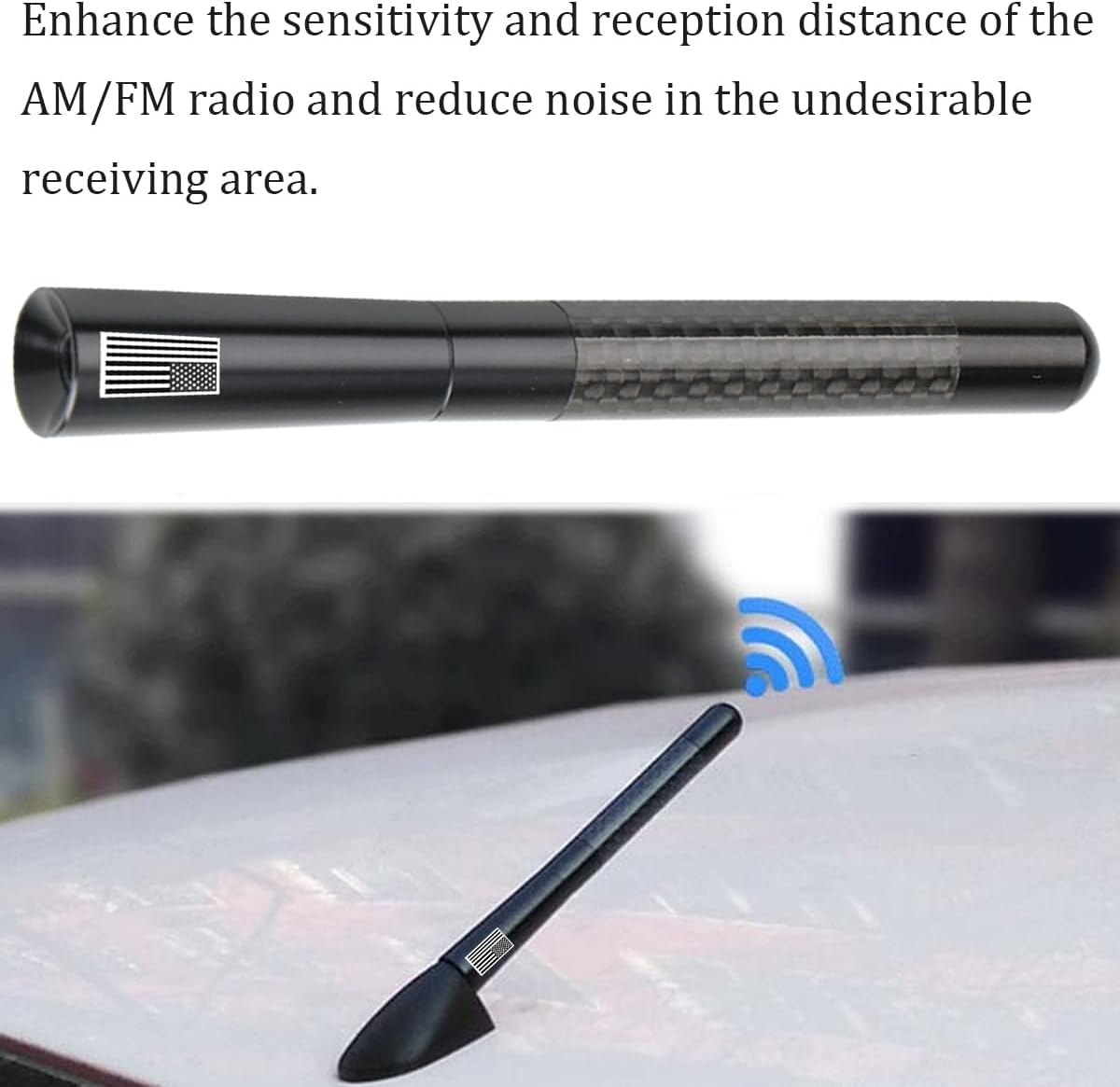 KHGUZ 4.7 Inch 9 2 2 Carbon Fiber Car Short Antenna, American Flag Vehicle AM/FM Radio Reception Antenna, Patriotic