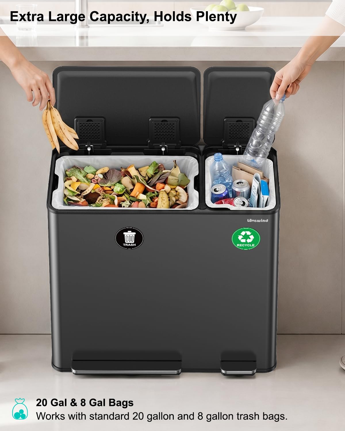 Dual Trash and Recycling Bins for Kitchen, 19+8 Gallon (72+30L) Stainless Steel Trash and Recycle Bin Combo with Soft-Close Lid, Large Garbage Cans for Kitchen Home with 2 Magnets Sticker, Black