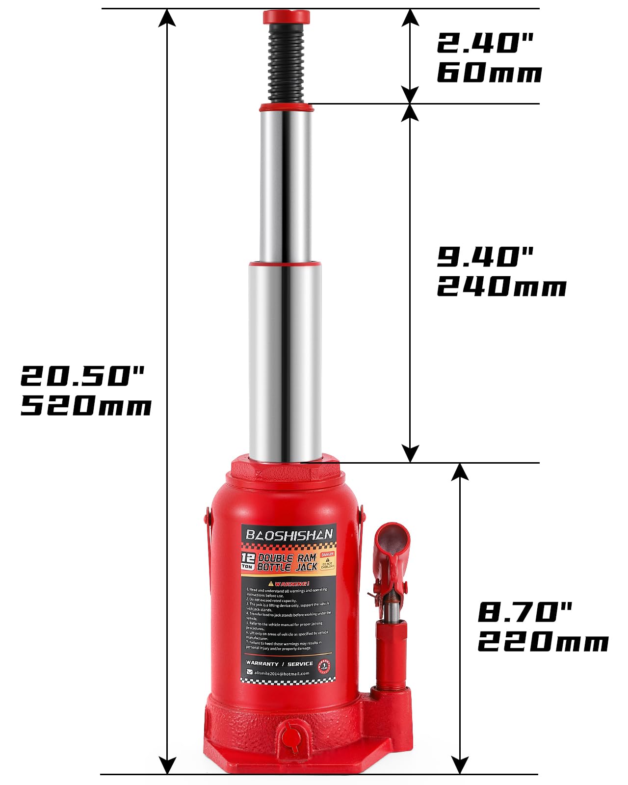 BAOSHISHAN Double Ram Bottle Jack Portable Hydraulic Bottle Jack (12 Ton Without Case)