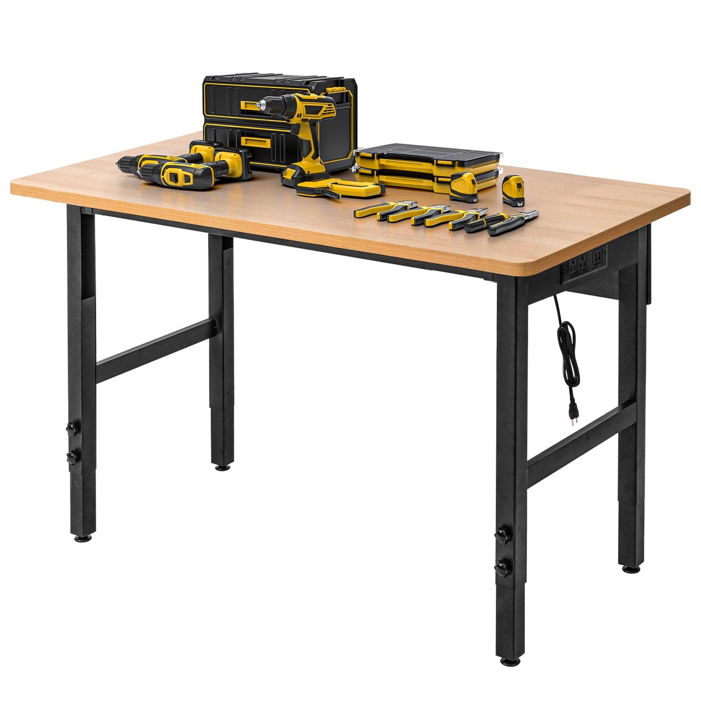 48" Adjustable Workbench with Power Outlets, Work Table for Garage, 2000 LBS Capacity Hardwood Work Bench, Heavy Duty Table for Workshop, Office, Garage, Home