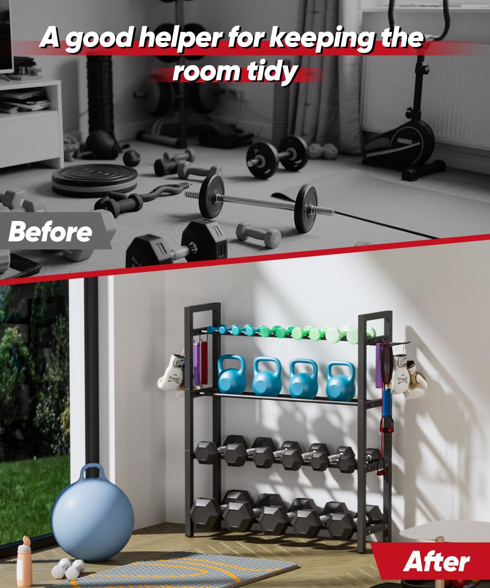 Ansionsol Adjustable Dumbbell Rack, Weight Storage Stand Holder for Dumbbells & Kettlebells, Heavy-Duty Metal Home Gym Workout Organizer with Hook for Gym Equipment Accessories (Rack Only)