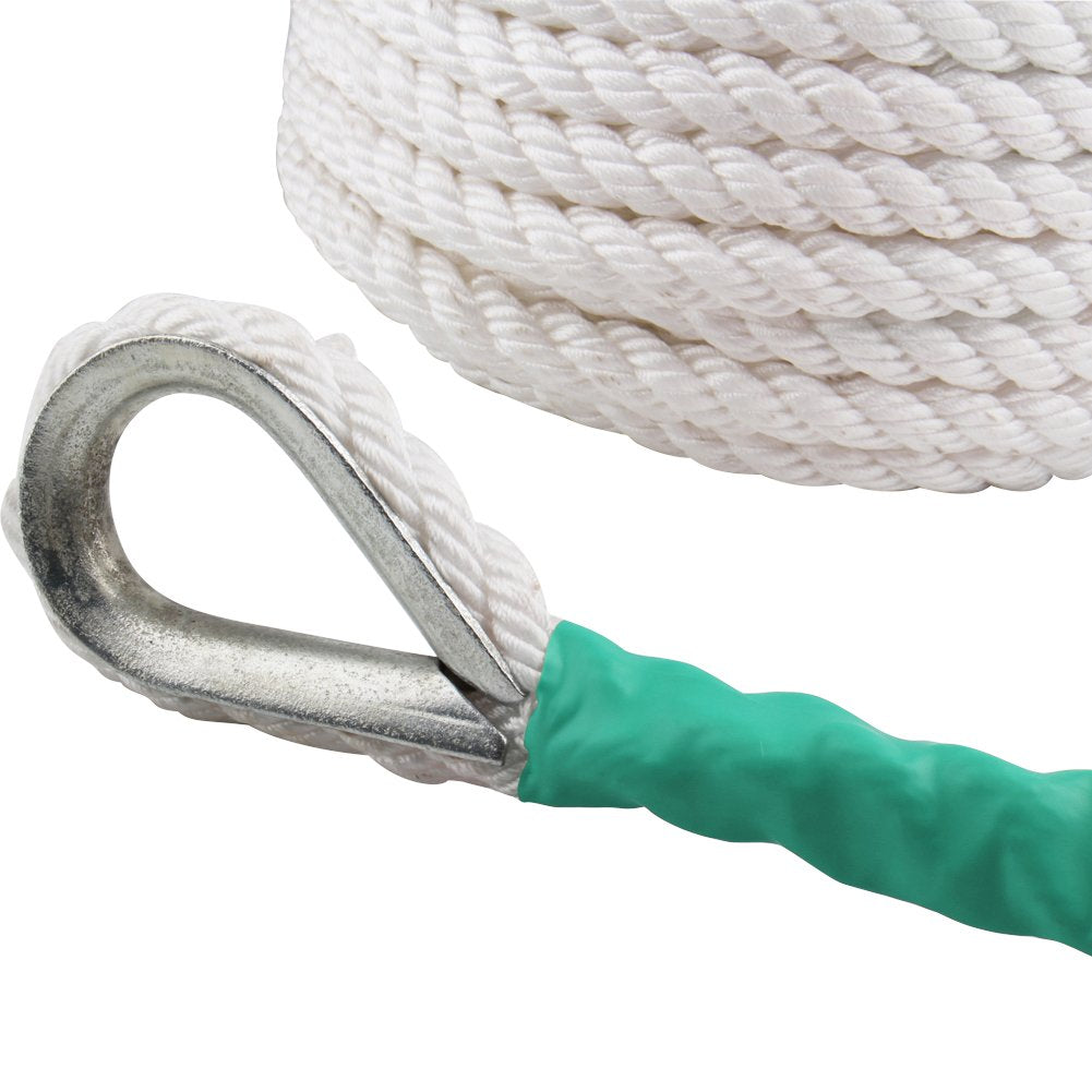 Boat Anchor Rope 200 ft x 1/2 inch Polypropylene Rope 3 Strand Twisted Anchor Line for Sailboat Sled Line Mooring with Thimble 5850LB Breaking Strain