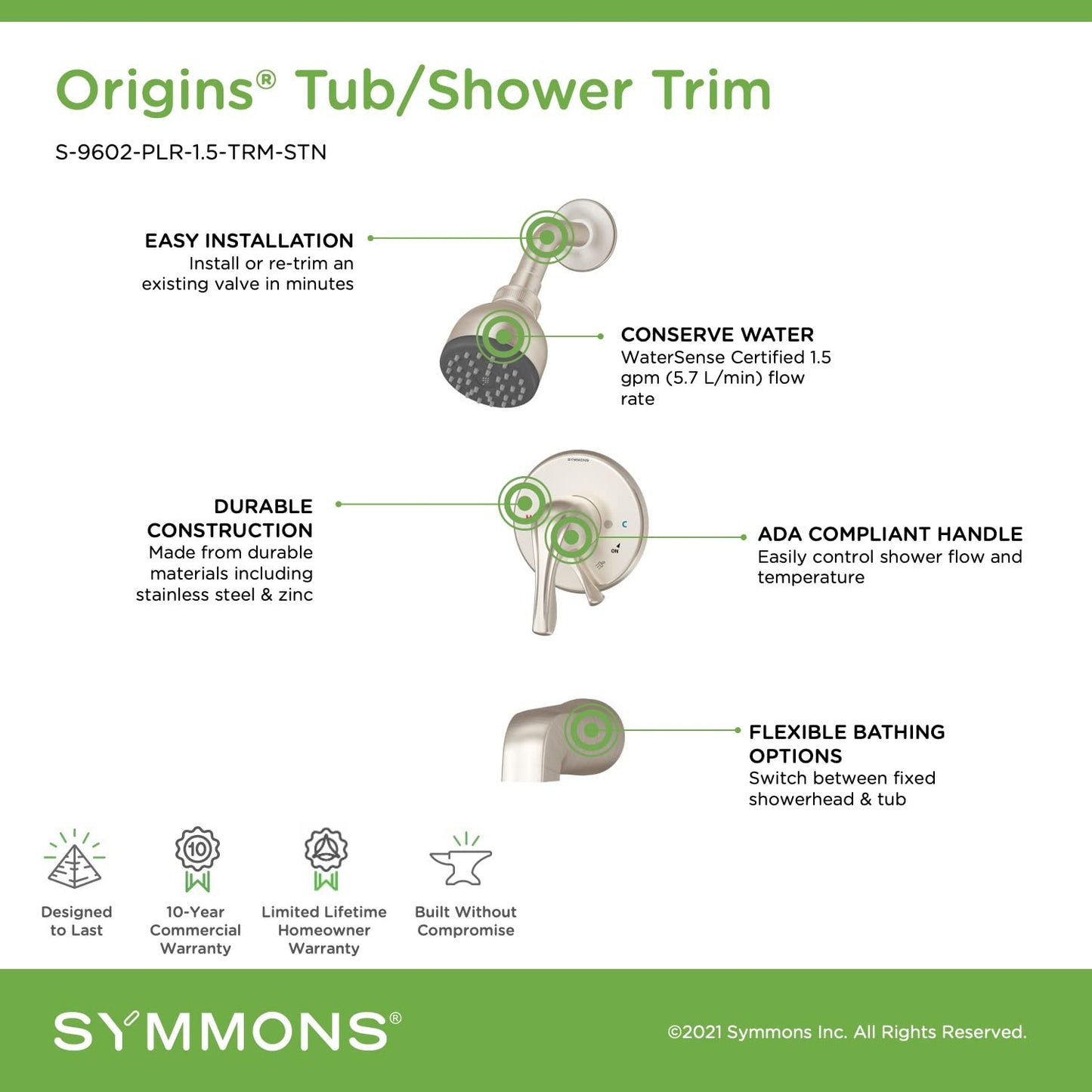 Symmons S-9602-PLR-1.5-TRM-STN Origins Single Handle 1-Spray Tub and Shower Faucet Trim in Satin Nickel - 1.5 GPM (Valve Not Included)