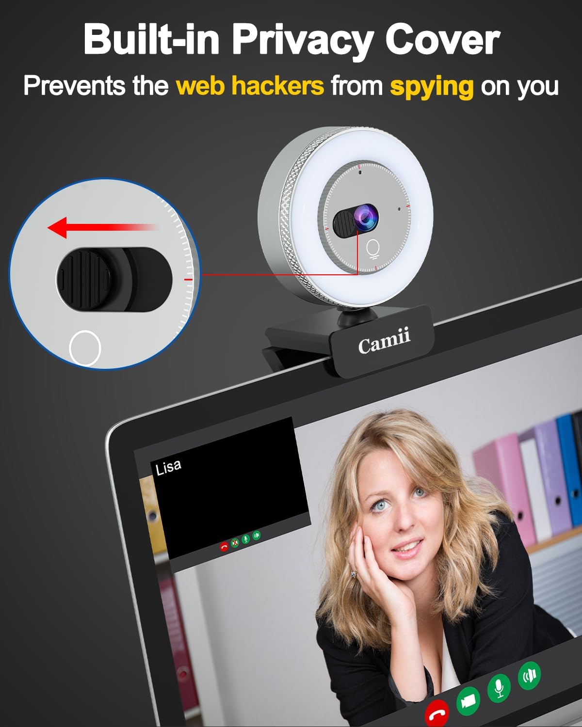 Camii 2K Webcam with Light, HD Webcam for PC with Built-in Privacy Cover, Adjustable Brightness, Noise Reduction Mics
