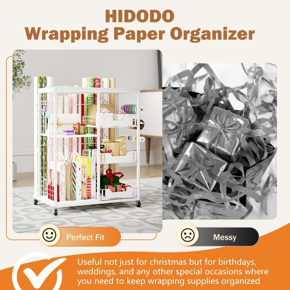 Wrapping Paper Organizer - Rolling Gift Wrap Cart with Wheels, 20 Roll Holders & 3 Drawers | White