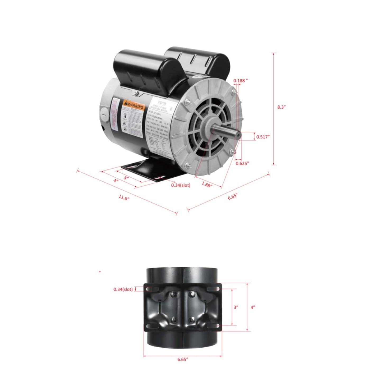 VEVOR 5HP SPL Air Compressor Electric Motor, 230V 17.6Amps, 56 Frame 3450RPM, 5/8" Keyed Shaft, 1.88" Shaft Length, Single Phase, CW/CCW Rotation (Factory Setting is CCW)