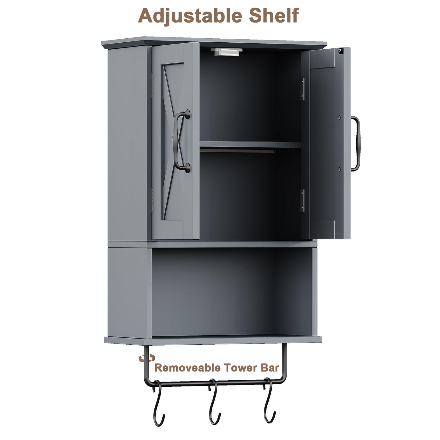 ChooChoo Farmhouse Medicine Cabinet, Bathroom Wall Cabinet with Adjustable Shelf, Towel Bar, 3 Hooks, Over The Toilet Storage Cabinet for Bathroom, Kitchen, Grey