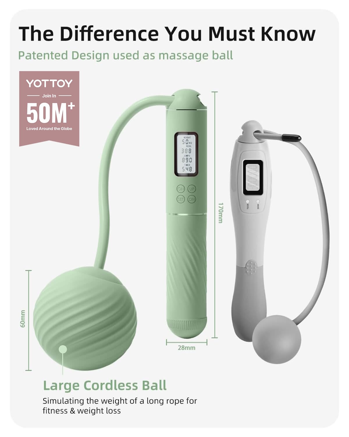 YOTTOY Cordless Jump Rope with Counter - Ropeless Jump Rope 2 In 1 with Large Cordless Ball-Weighted for Women with LCD Display (Green)