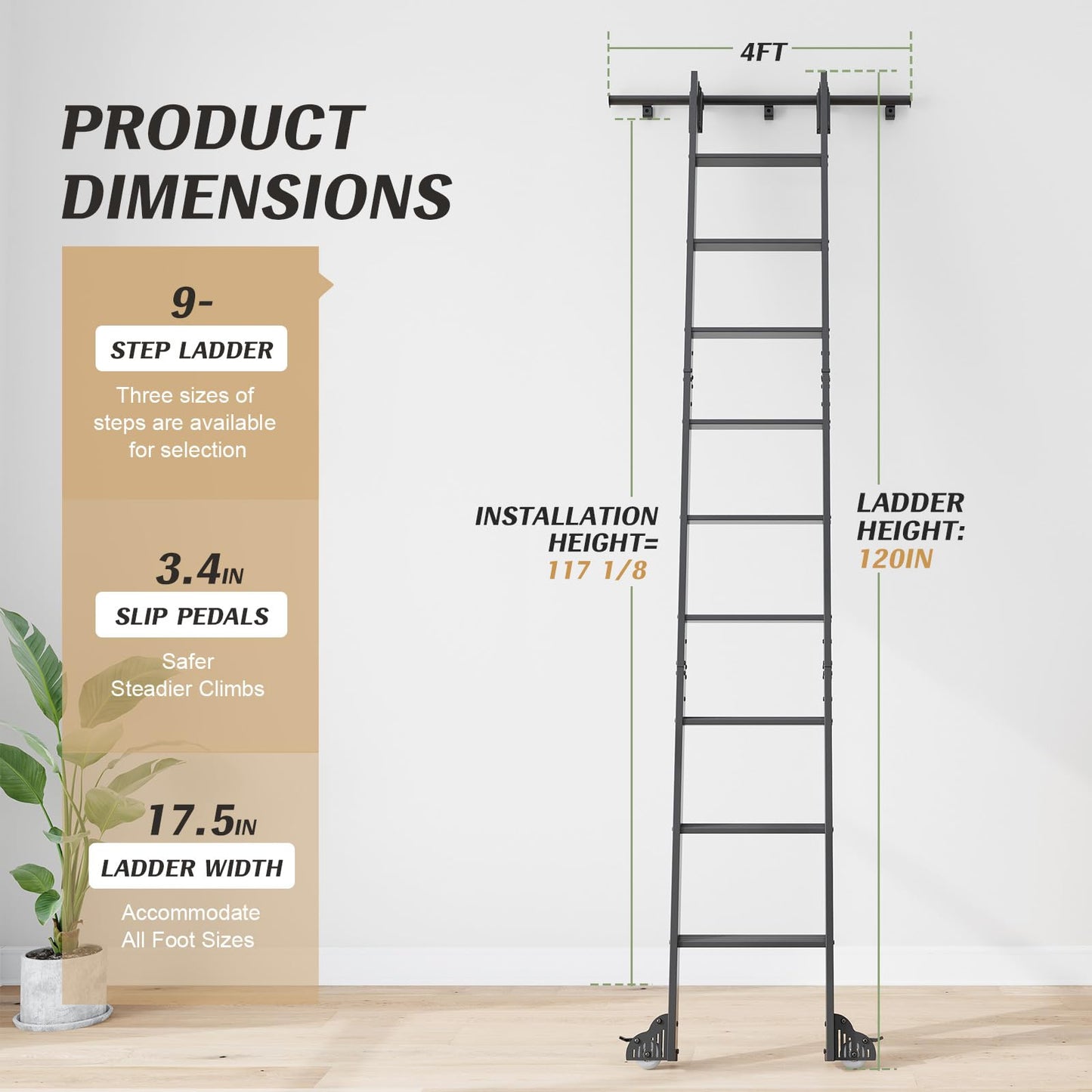 Fredbeck 10FT Rolling Library Aluminium Step Ladder 120" with 4FT Sliding Hardware Track Kit Bottom Wheel Included,for Kitchen,Loft,Warehouses,Bookstore,Atti,Dressing Room,Metal Black