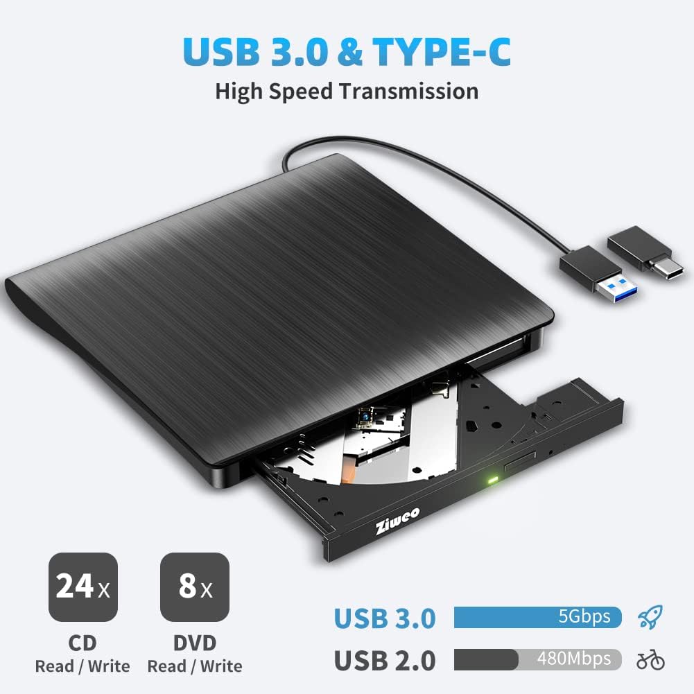 Ziweo 3.0 External USB Type-C CD DVD +/-RW Drive - Portable CD ROM Reader & DVD Burner with Protective Carrying Case