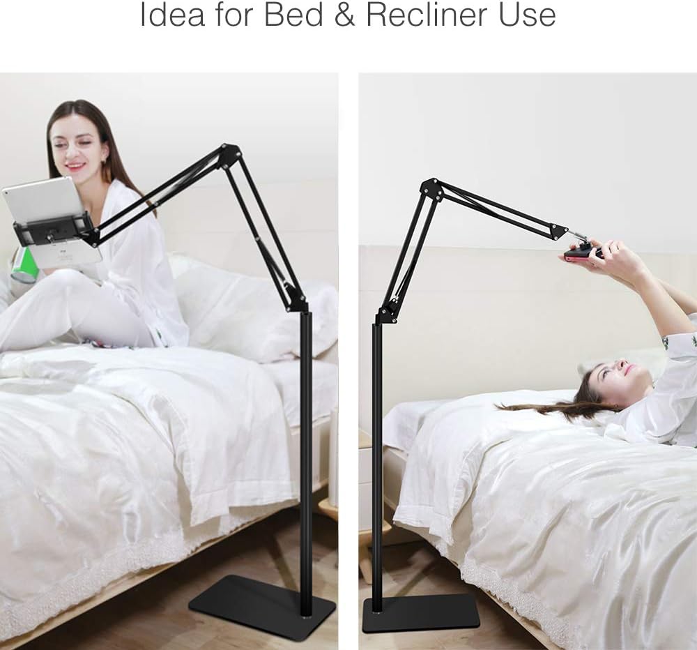Elekpopu 5LB Tablet Floor Stand with Metal Base, Overhead Bed Phone Stand Angle Height Adjustable Holder, Universal