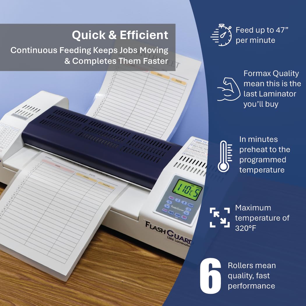 Formax FlashGuard 13R6 Laminator; 1500W; 110-120V, 50/60Hz; 15A; Heavy-Duty 6 Roller System; All-Metal Construction; Graphics-Based LCD Screen; Variable Temperature and Speed