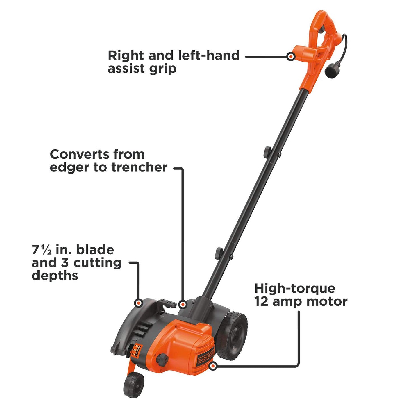 BLACK+DECKER Lawn Edger Trencher 2 in 1, 12 Amp 7.5 in. Electric Edger Lawn Tool for Landscaping and Trench Digger, 3 Height Settings, Corded (LE760FF)