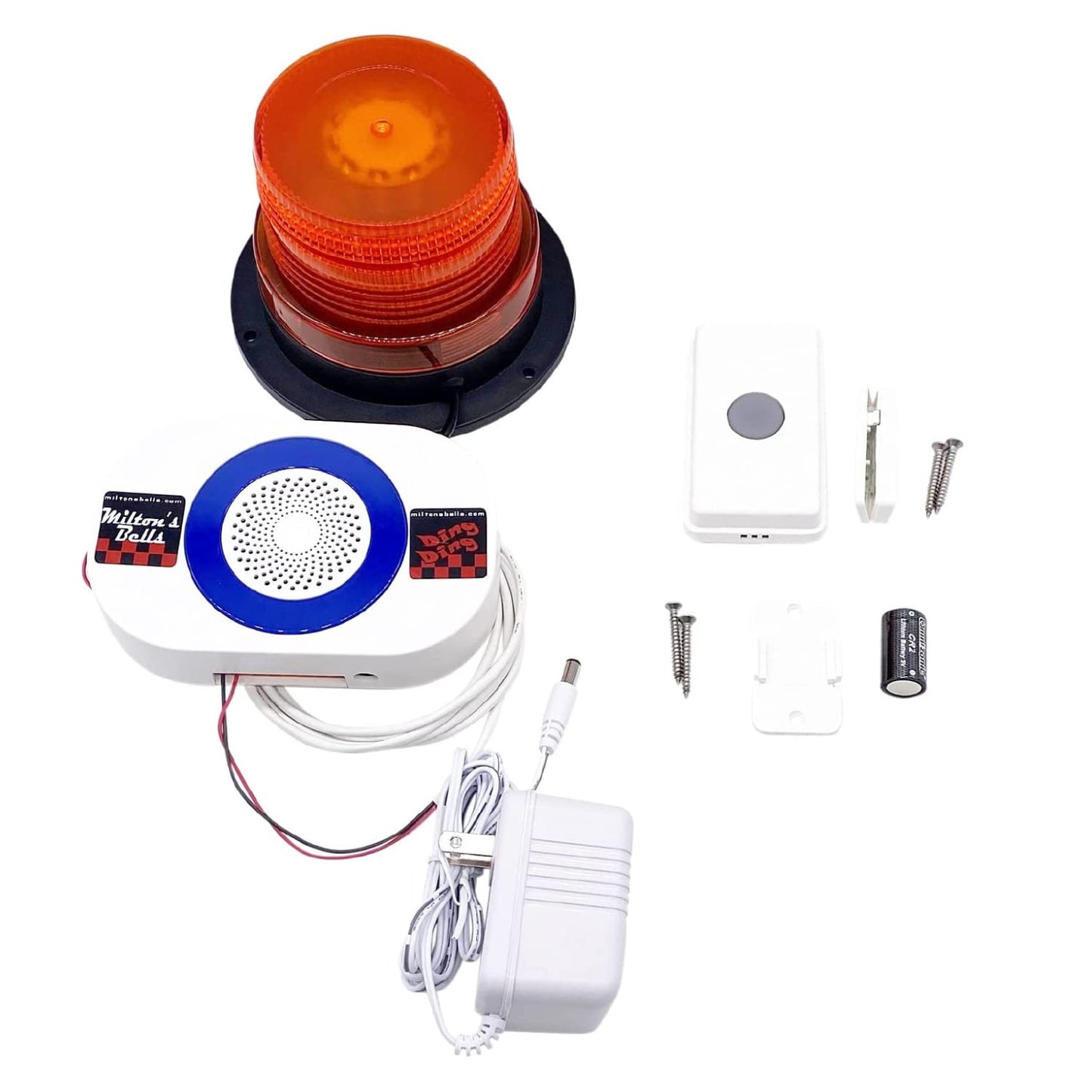 Milton’s Bells Warehouse Door Chime and Strobe Light Kit - Commercial grade wireless doorbell chime system, flashing strobe light - Ideal for noisy environments